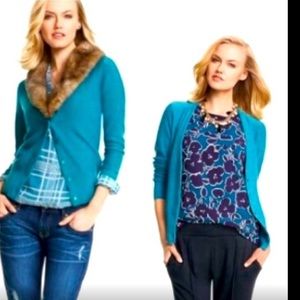 Cabi Tea Room Cardigan with removable Faux Fur Color in Turquoise.